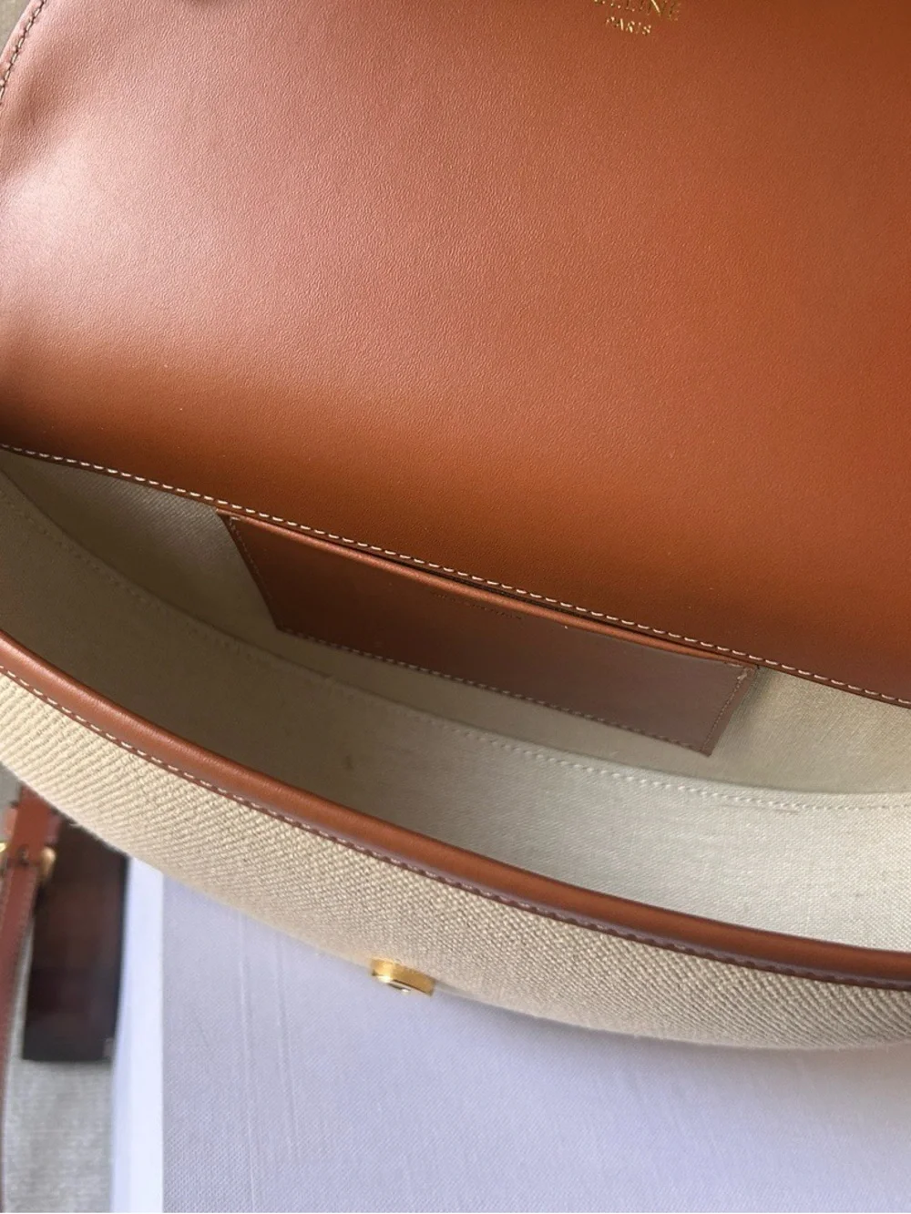 Celine Cream Canvas Crescent Crossbody with Brown Leather Trim